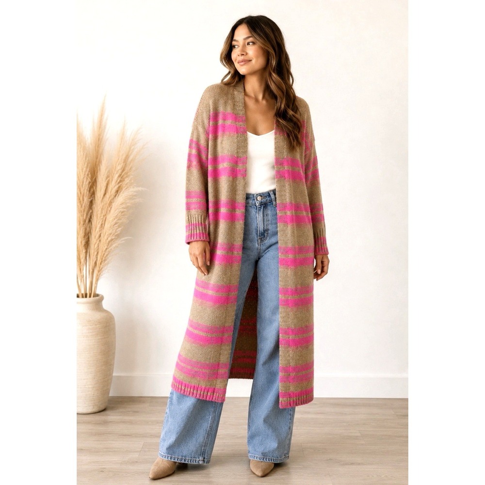 NEW! Vici Striped Knit Duster Cardigan Open Front Pink Tan SZ L